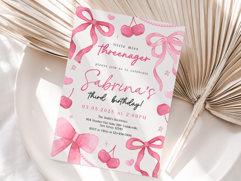 May include: Pink birthday invitation with a watercolor design featuring cherries, bows, and stars. The text reads "Little Miss Threenager, please join us to celebrate Sabrina's Third Birthday! 03.05.2025 at 2:00PM".