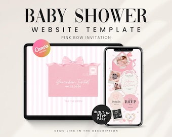 Pink Bow Baby Shower Website Template with Rsvp Editable Coquette Baby Girl Shower Digital Invitation Pink Ribbon Baby Shower