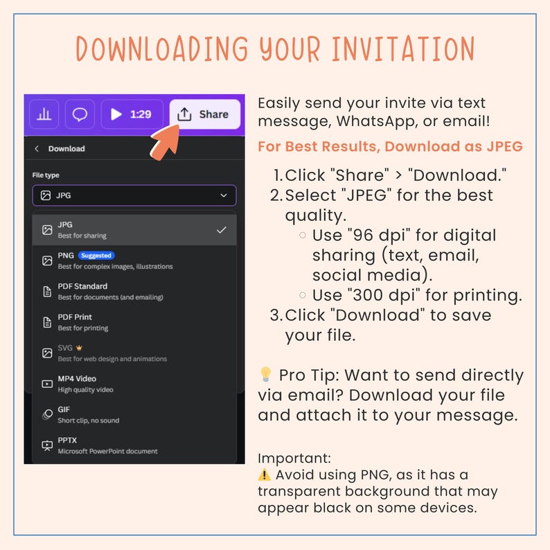 May include: A screen capture showing instructions for downloading an invitation as a JPEG file. The text includes steps for sharing and downloading, with tips for digital sharing and printing. The image has a purple and peach color scheme.