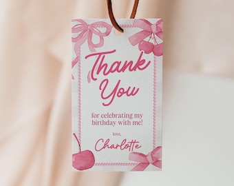 Bow Birthday Party Favor Tags Editable Bow Gift Tags Coquette Birthday Party Pink Bow Birthday Girl Thank You Tags Party Favors Coquette
