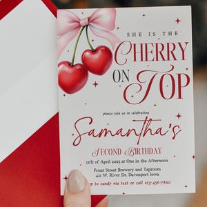 Convite de aniversário de menina cereja Convite de cereja no topo Convite de coquete Convite de laço rosa com frutas vermelhas Convite de aniversário de menina moderna