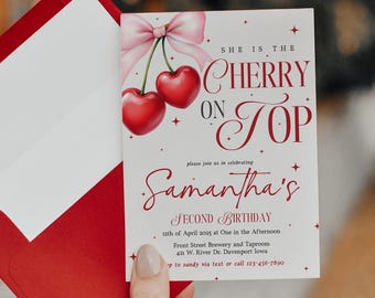 Cherry Baby Girl Birthday Invitation Cherry on Top Invite Coquette Invite Pink Bow with Berries Invitation Modern Girl Baby Birthday Invite