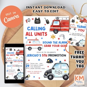 Calling All Units Birthday Party Invitation, Editable Emergency Vehicles, Responders Party, Police Officer, Firefighter Boy Invite Template