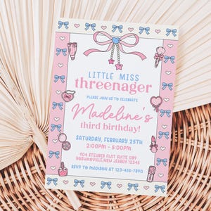 3rd Birthday Girl Invite Little Miss Threenager Third Birthday Girl Invitation Cute Coquette Bow Pink Blue Kawaii Birthday Invitation