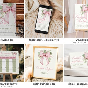 May include: A collection of baby shower stationery items featuring a pink bow and floral design. Includes a 5x7" invitation, mobile invite, welcome sign, guess the due date calendar, custom sign, and food labels.