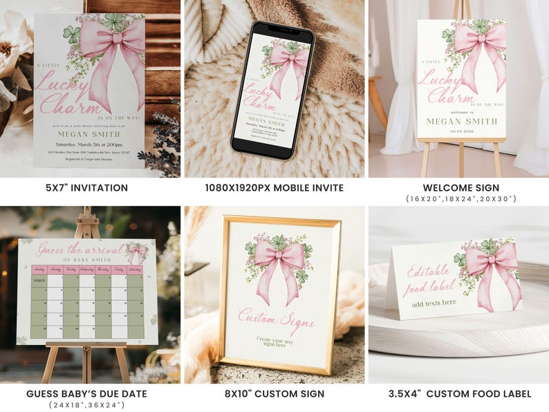 May include: A collection of baby shower stationery items featuring a pink bow and floral design. Includes a 5x7" invitation, mobile invite, welcome sign, guess the due date calendar, custom sign, and food labels.