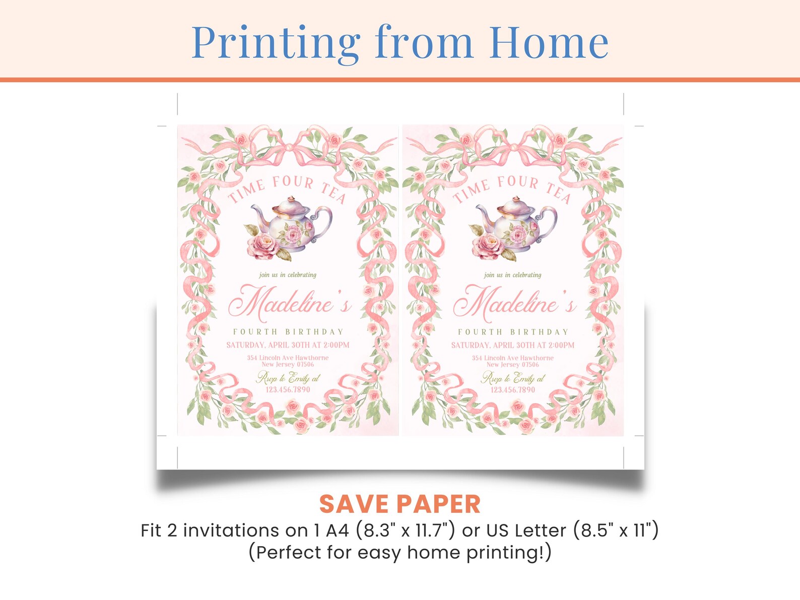 Time Four Tea Invitation Birthday Tea Invite Princess Tea Party 4th Birthday Girls Tea Invite ...
