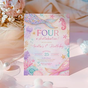 May include: A mermaid-themed birthday invitation with a pink and purple color scheme. The invitation features mermaid tails, seashells, and the text "It's time for a shellabration!" and "Ariella's 4th Birthday". The date is September 25th.