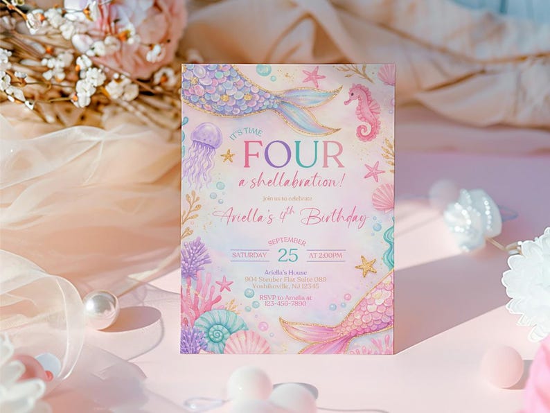 May include: A mermaid-themed birthday invitation with a pink and purple color scheme. The invitation features mermaid tails, seashells, and the text "It's time for a shellabration!" and "Ariella's 4th Birthday". The date is September 25th.