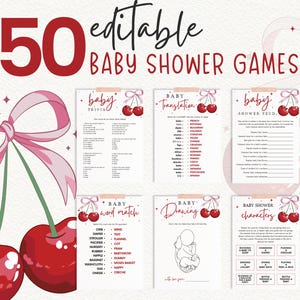Cherry Baby Shower Spiele Bundle Cherry on Top Printable Game Pack Rosa Bogen Coquette Baby Shower Spiele Canva Template Bow Kirsche Duschspiele