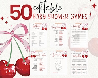 Cherry Baby Shower Games Bundle Cherry on Top Printable Game Pack Pink Bow Coquette Baby Shower Games Canva Template Bow Cherry Shower Games