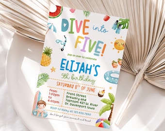 Dive Into Five Birthday Invitation 5th Birthday Invitations Boys Summer Pool Birthday Party Splish Splash Party Invite Boy's Pool Party