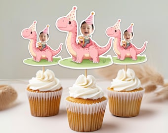 Custom Face Topper Dinosaur Girl Birthday Party Decor Dino Girl Theme Pink Dino Birthday Cupcake Topper Girl Three-Rex Birthday Decor