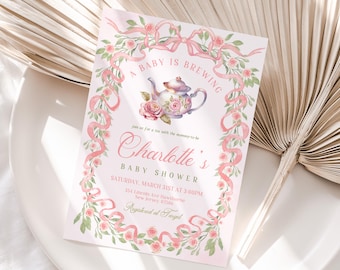 Baby is aan het brouwen Uitnodiging voor babyshower tuin theefeestje babyshower uitnodiging bewerkbare bloemen theedouche uitnodigen mama to-be tijd voor theekransje
