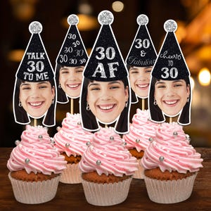 30th Birthday Toppers Custom Topper Face Photo Printable 30th Birthday Decorations Face Cupcakes Toppers Black Silver Party Birthday Theme