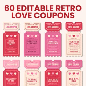 Cupones Retro Love Cupones de amor imprimibles para San Valentín 60 cupones Retro Love editables para parejas Regalo de San Valentín para él Regalo de aniversario
