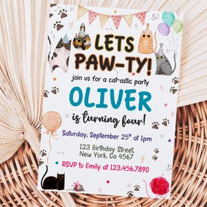 Cat Birthday Party Invitation Template Cats Party Theme Kitty Cat Birthday Party Invite Editable Let&#39;s Pawty Pet Birthday Invite Kids Party
