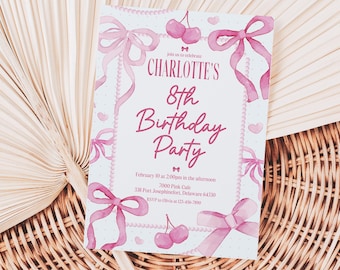 Pink Bow Invitation Cherry Coquette Invite Cute Girly Birthday Invitation Editable Pink Coquette Bow Party Printable Invite Instant Download