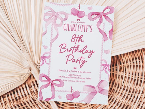 Pink Bow Invitation Cherry Coquette Invite Cute Girly Birthday Invitation Editable Pink Coquette Bow Party Printable Invite Instant Download