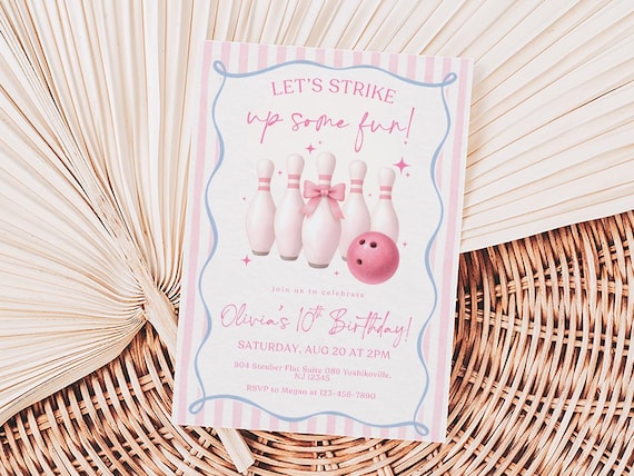 Pink Bowling Birthday Invitation Strike up Some Fun Pink Bow Bowling Girl Birthday Invite Preppy Bowling Invite Editable Canva Template