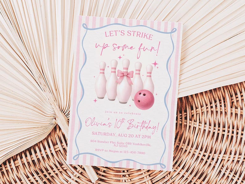Pink Bowling Birthday Invitation Strike up Some Fun Pink Bow Bowling Girl Birthday Invite Preppy Bowling Invite Editable Canva Template image 1