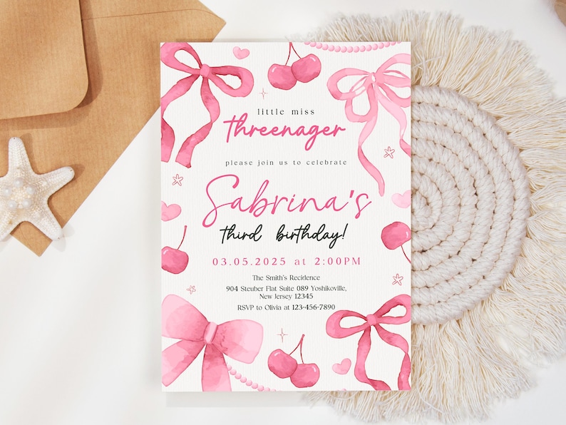 May include: Pink birthday invitation with a watercolor design featuring bows, cherries, and stars. The text reads "little miss threenager" and "Sabrina's third birthday!" with the date and time of the party.