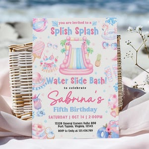 Waterslide Birthday Party Invite Summer Pool Party Birthday Invitation Editable Pastel Pink Blue Birthday Girl Invite Printable Pool Party