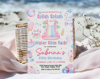 Waterslide Birthday Party Invite Summer Pool Party Birthday Invitation Editable Pastel Pink Blue Birthday Girl Invite Printable Pool Party