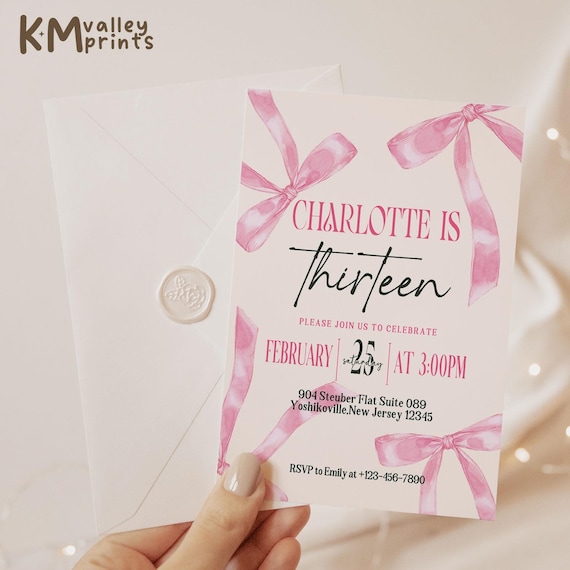 Coquette Invitation Editable Download Pink Coquette Invitation 13th Birthday Invitation Girl Bow Invitation Template Pink Bow Invitation