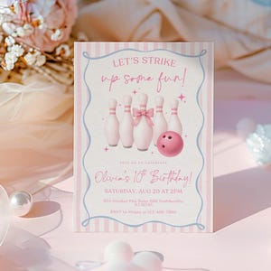Pink Bowling Birthday Invitation Strike up Some Fun Pink Bow Bowling Girl Birthday Invite Preppy Bowling Invite Editable Canva Template image 10