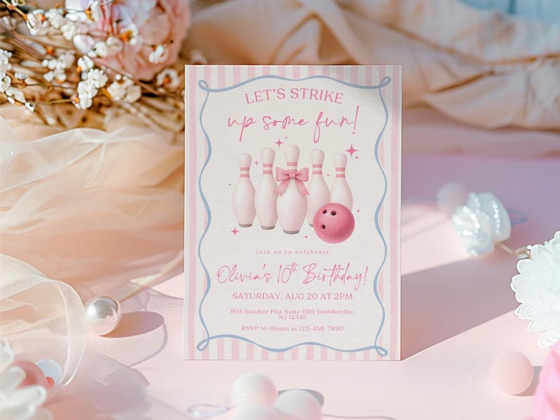 Pink Bowling Birthday Invitation Strike up Some Fun Pink Bow Bowling Girl Birthday Invite Preppy Bowling Invite Editable Canva Template image 10