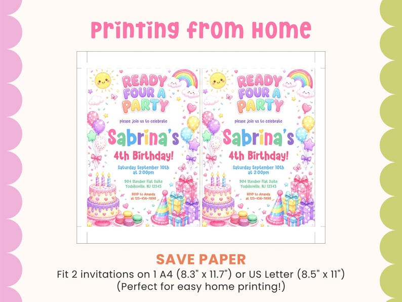 Girls 4th Birthday Invitation Editable Ready Four a Party Invite ...