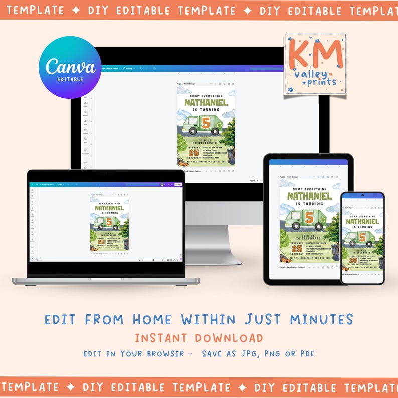 May include: A digital invitation template displayed on various devices, including a laptop, desktop, tablet, and smartphone. The invitation features a green garbage truck graphic and the text "NATHANIEL IS TURNING 5". The Canva and KM valley + prints logos are also visible.