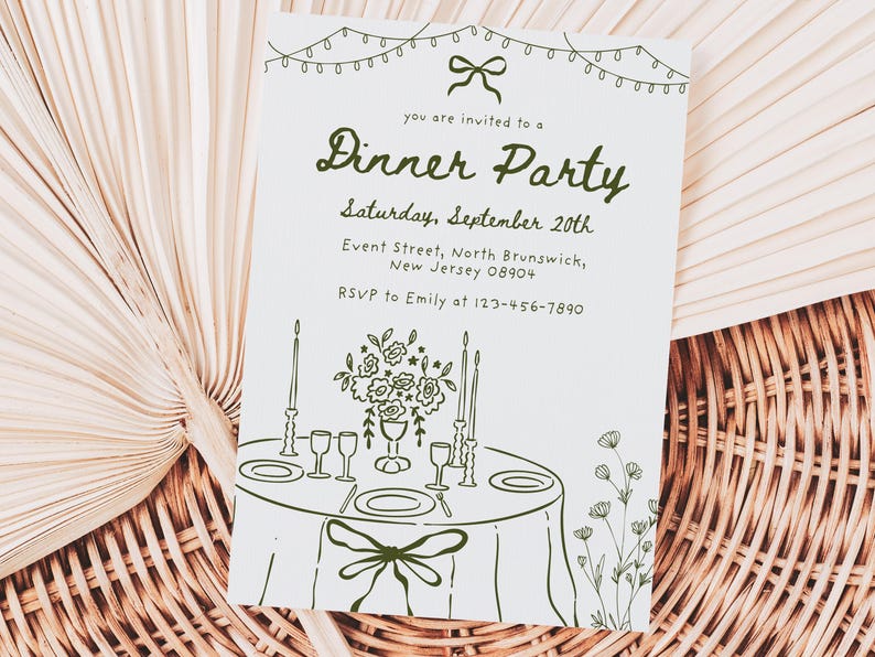 May include: A white invitation card with green text and illustrations for a dinner party. The card includes the text "Dinner Party", date, time, location, and RSVP information. The card is decorated with illustrations of a table setting, flowers, and string lights.