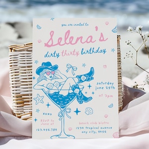 Hand Drawn Dirty Thirty Birthday Party 30th Invite Beach Party Weekend Beach Cowgirl Party Summer Birthday Invitation Coastal Beach Party