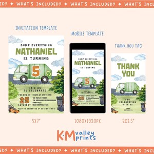 May include: A set of digital party invitation templates featuring a green garbage truck design. Includes an invitation, mobile template, and thank you tag. The invitation is 5x7 inches, the mobile template is 1080x1920px, and the thank you tag is 2x3.5 inches.