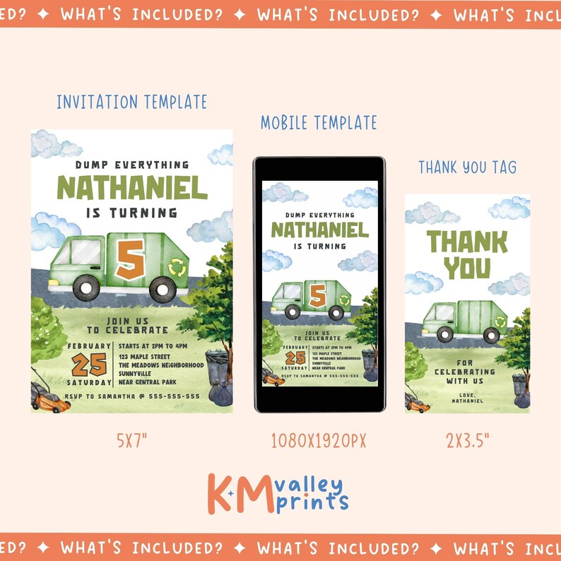 May include: A set of digital party invitation templates featuring a green garbage truck design. Includes an invitation, mobile template, and thank you tag. The invitation is 5x7 inches, the mobile template is 1080x1920px, and the thank you tag is 2x3.5 inches.