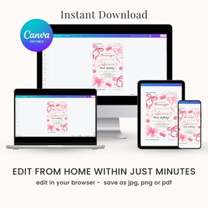 May include: A digital mockup of a pink and white birthday invitation for a girl named Sabrina. The invitation features a watercolor design of pink ballet shoes and flowers. The text on the invitation reads "Sabrina's 7th Birthday". The image shows the invitation displayed on a computer screen, a laptop, a tablet, and a smartphone. The text "Edit from home within just minutes" is displayed below the image.