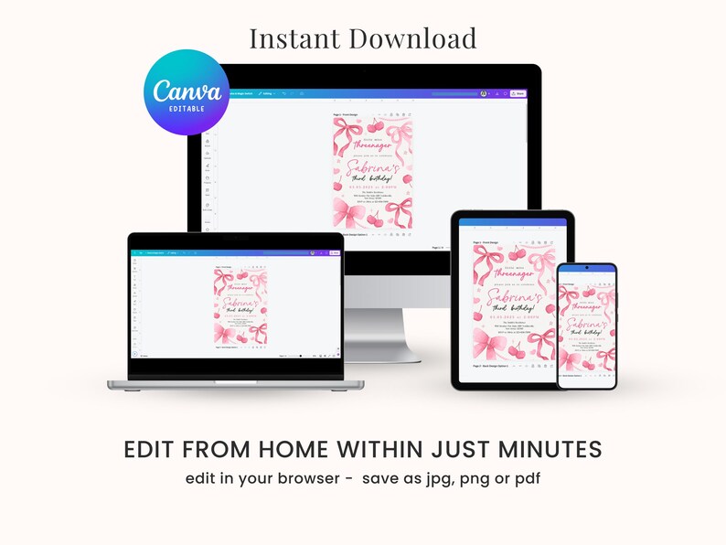 May include: A digital mockup of a pink and white birthday invitation for a girl named Sabrina. The invitation features a watercolor design of pink ballet shoes and flowers. The text on the invitation reads "Sabrina's 7th Birthday". The image shows the invitation displayed on a computer screen, a laptop, a tablet, and a smartphone. The text "Edit from home within just minutes" is displayed below the image.