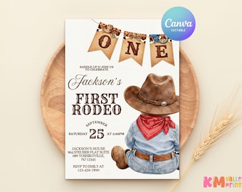 First Rodeo Boy Invitation Editable Cowboy Birthday Invite Western Birthday Invite Wild West 1st Birthday Canva Template