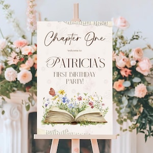 Book Welcome Sign Storybook 1st Birthday Welcome Sign Editable Book Themed First Birthday Girl Sign Template Chapter One Book Welcome Sign