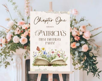 Book Welcome Sign Storybook 1st Birthday Welcome Sign Editable Book Themed First Birthday Girl Sign Template Chapter One Book Welcome Sign