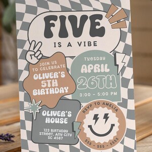May include: A birthday party invitation with a chequered background. The invitation is for Oliver's 5th birthday and says "Five is a vibe". The party is on Tuesday, April 26th from 3:00 to 5:00 PM at Oliver's house. The address is 123 Birthday Street, Any City, SC 4567. RSVP to Amelia at 555-555-5555.