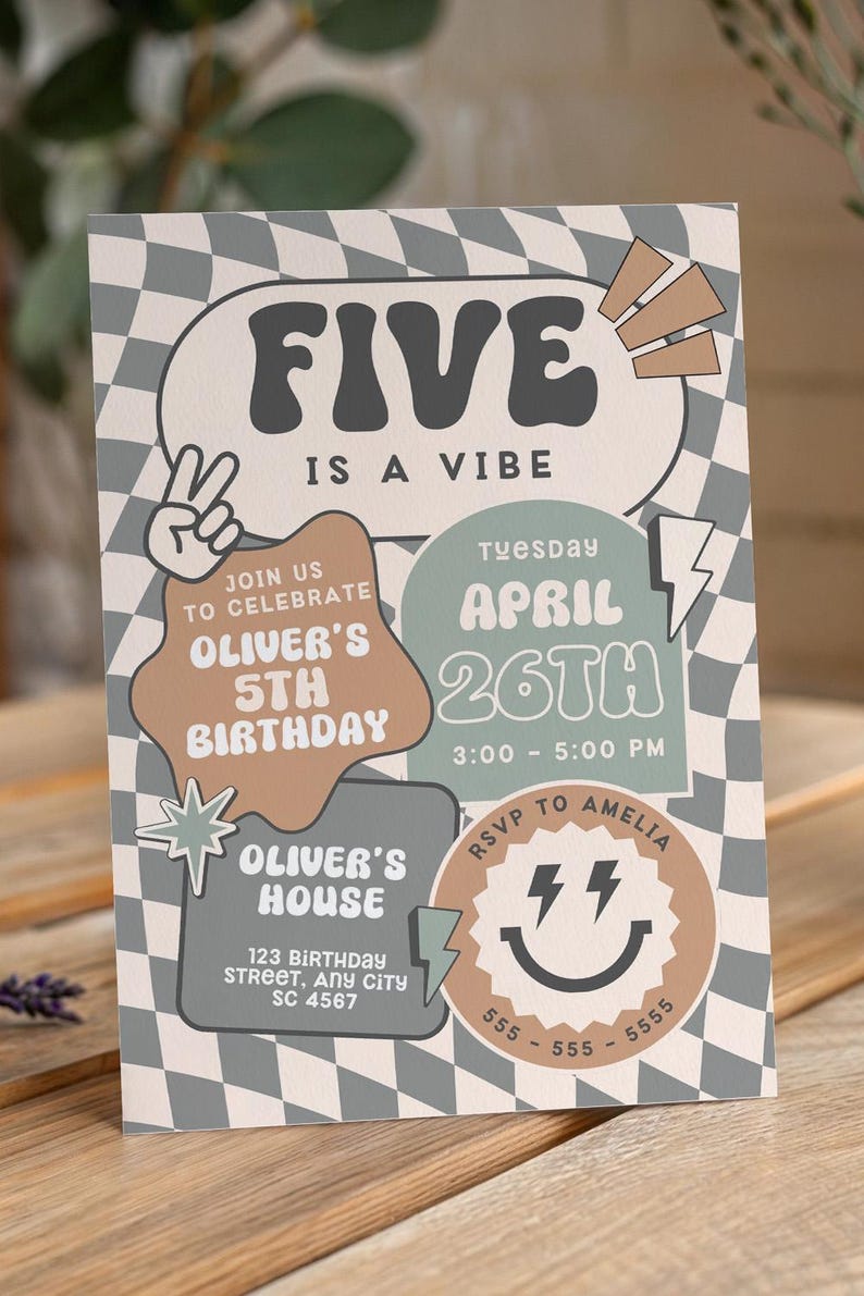 May include: A birthday party invitation with a chequered background. The invitation is for Oliver's 5th birthday and says "Five is a vibe". The party is on Tuesday, April 26th from 3:00 to 5:00 PM at Oliver's house. The address is 123 Birthday Street, Any City, SC 4567. RSVP to Amelia at 555-555-5555.