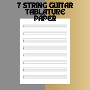 May include: White sheet of 7-string guitar tablature paper with horizontal lines and the word "TABLATURE" in bold, black letters. The text "7 STRING GUITAR TABLATURE PAPER" is at the top of the page.