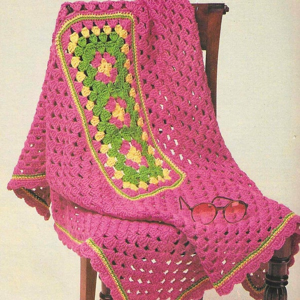 Granny Square Afghan Crochet Pattern Pink Green Yellow Throw Vintage 80s Gift for Grandma Textured Warm Blanket Quick Easy for Baby Shower