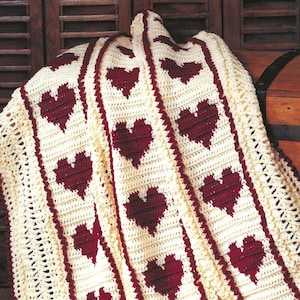 Red Hearts CROCHET PATTERN Blanket Red and White Afghan with Stripes Valentines Day Throw or Gift for Mother&#39;s Day