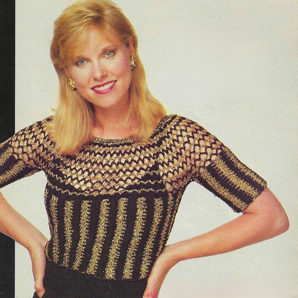 CROCHET PATTERN Gold Black Ladies Blouse Elegant Women's Top Dressy Shirt for Her Vintage 80s Short Sleeve Evening Camisole