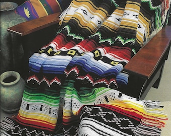 HÄKELANLEITUNG Southwestern Decke Bunter indischer Überwurf Azteken oder Afghanischer Ureinwohner mit Fransen, Vintage 90er