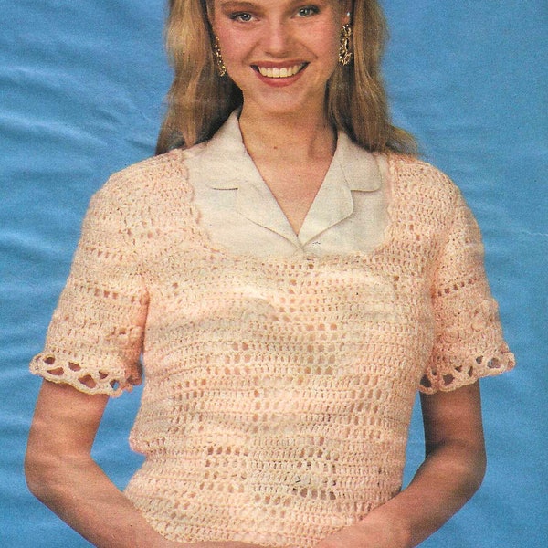 CROCHET PATTERN Women's Top Lacy Block Pattern Cover-up for Her Short Sleeve Shirt for Ladies Vintage 80s Springtime Lightweight Layer
